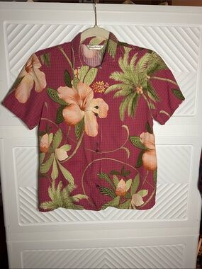 Tommy Bahama Pink Button-Down Silk Shirt with Peach Floral & Green Palm Print